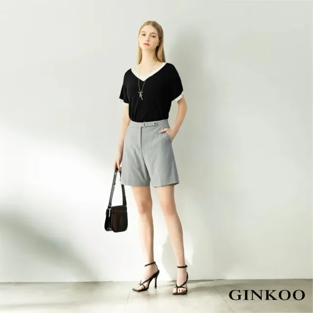 【GINKOO 俊克】腰釦飾後鬆緊西裝短褲