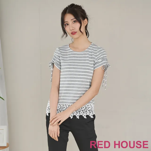 【RED HOUSE 蕾赫斯】蕾絲拼接條紋T-shirt(灰色)