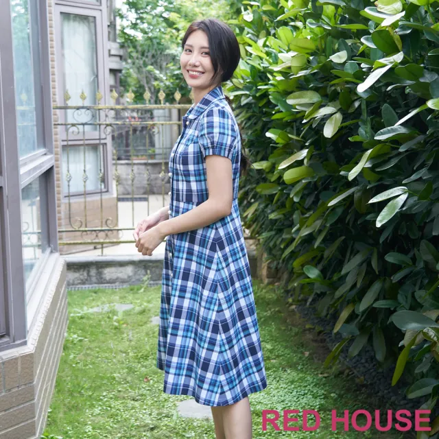 【RED HOUSE 蕾赫斯】都會感珍珠釦格紋襯衫洋裝(深藍色)