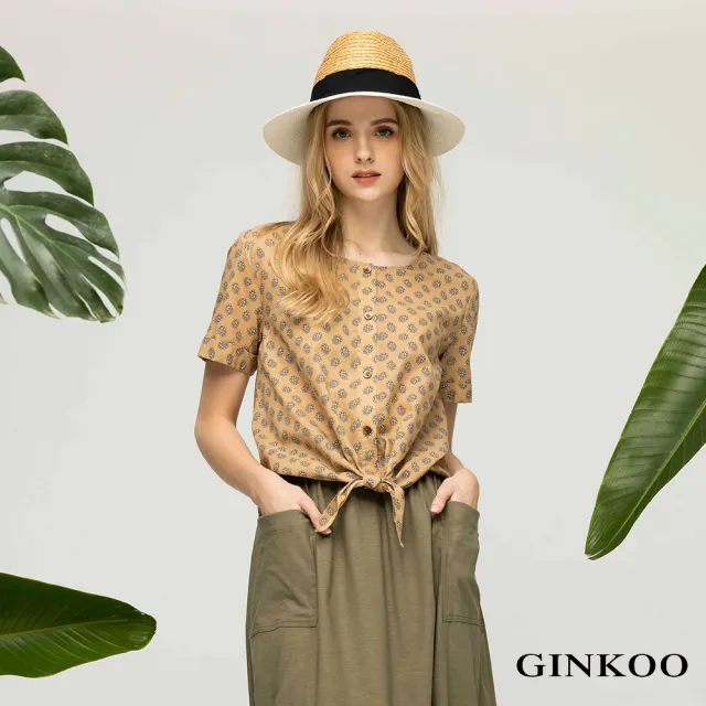 【GINKOO 俊克】印花下綁帶短袖上衣