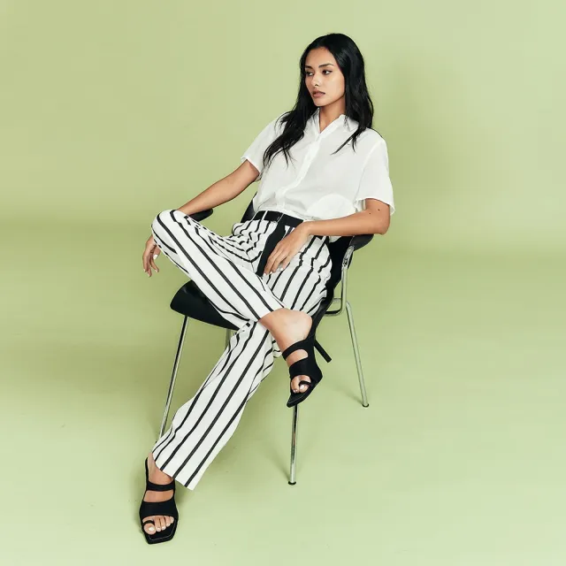 【ICHE 衣哲】Cop.Copine法式簡約風條紋顯瘦直筒造型長褲