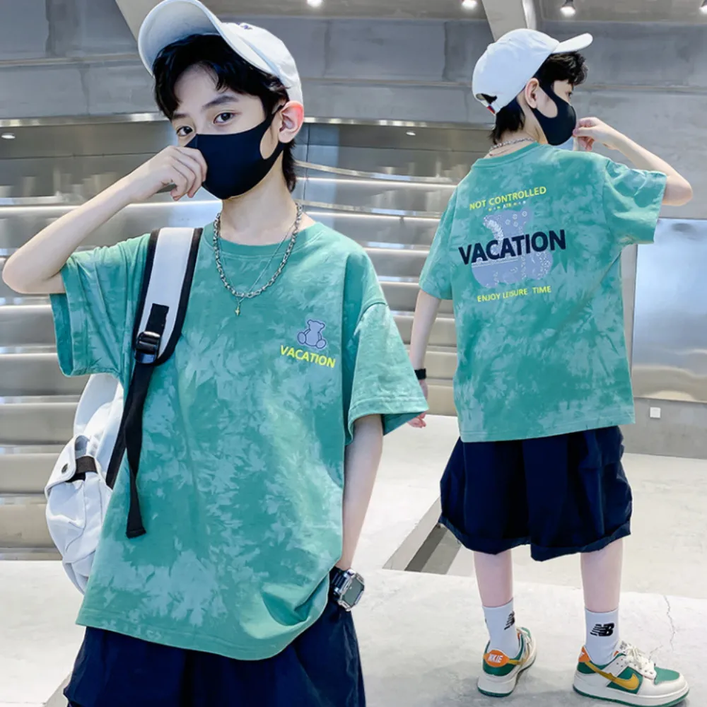【UniKids】中大童裝短袖T恤 紮染噴印上衣 男大童裝 VPSBE-T78(白 綠)