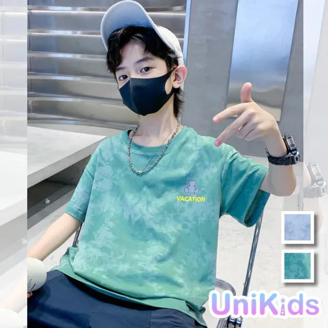 【UniKids】中大童裝短袖T恤 紮染噴印上衣 男大童裝 VPSBE-T78(白 綠)