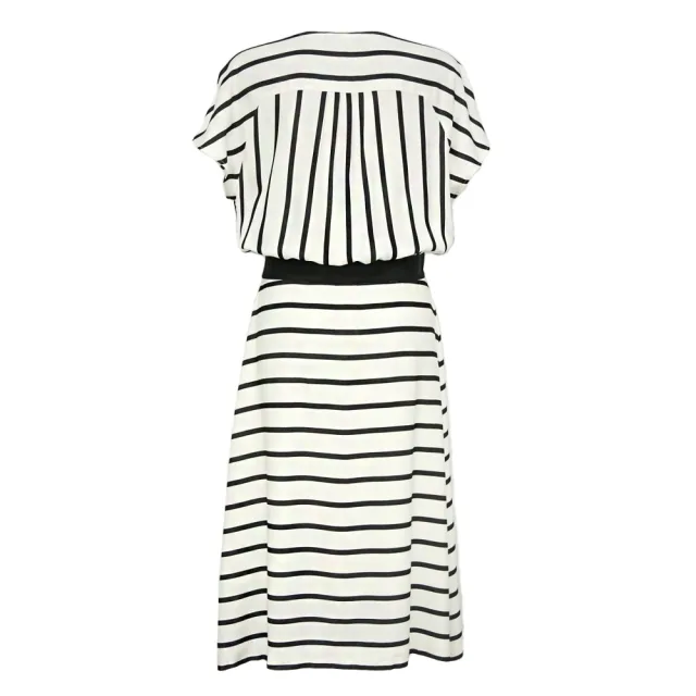 【ICHE 衣哲】Cop.Copine法國原裝進口法式V領綁帶收腰條紋連身裙