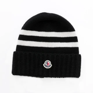 【MONCLER】條紋logo羊毛冷帽(黑/白)
