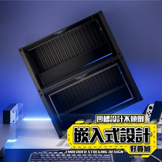 【FL 生活+】貨櫃附燈雙層階梯-小型款-磁吸門展示盒(展示架/展示盒/模型收納盒/盲盒/扭蛋/模型公仔/A_481)