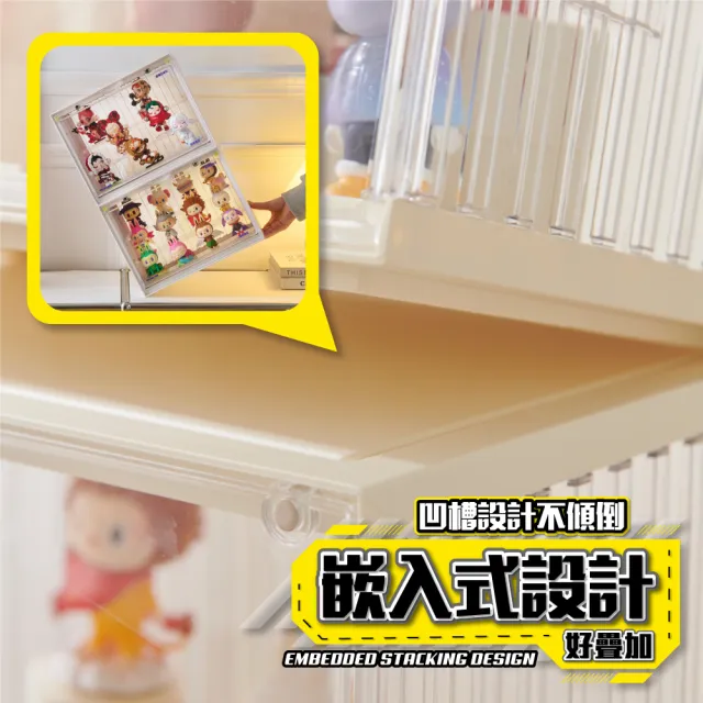 【FL 生活+】貨櫃附燈雙層階梯-中型款-磁吸門展示盒(展示架/展示盒/模型收納盒/盲盒/扭蛋/模型公仔/A_483)