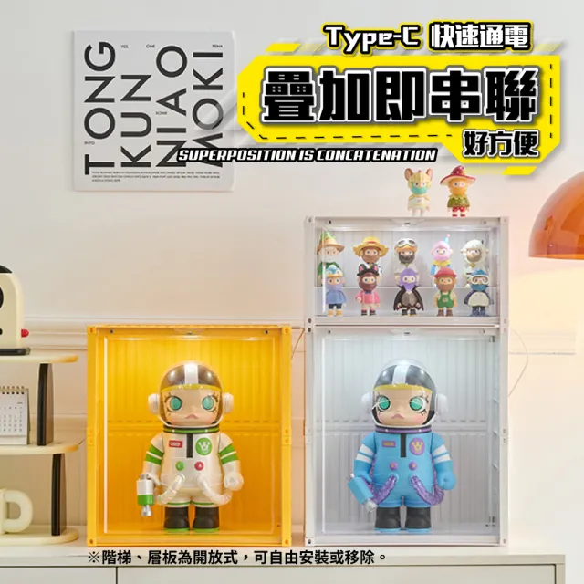 【FL 生活+】貨櫃附燈3層-大型款-磁吸門展示盒(展示架/展示盒/模型收納盒/盲盒/扭蛋/模型公仔/A_485)