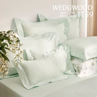 【WEDGWOOD】80支400織長纖棉刺繡 兩用被套枕套床包四件組(幾何水綠｜特大)