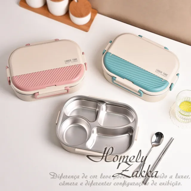 【Homely Zakka】可微波超大容量不鏽鋼分隔保溫便當盒四格 附餐具+湯碗 3入組(微波爐加熱  減脂便當盒)