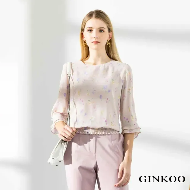 【GINKOO 俊克】七分袖荷葉雪紡碎花上衣
