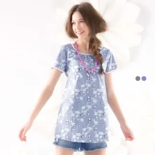 【Gennies 奇妮】清新花卉印花綁帶上衣-藍/灰(孕婦裝 前圓領 後V領 親膚 透氣)