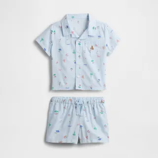 【GAP】嬰兒裝 小熊刺繡印花翻領短袖短褲家居套裝-淺藍色(725841)