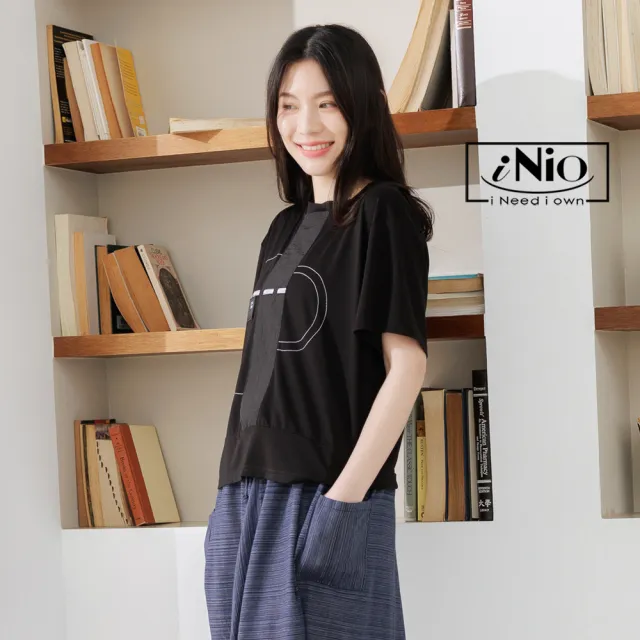 【iNio 衣著美學】短袖上衣 現貨 幾何圖 異材質拼接 圓領短袖棉T(CEW1059)