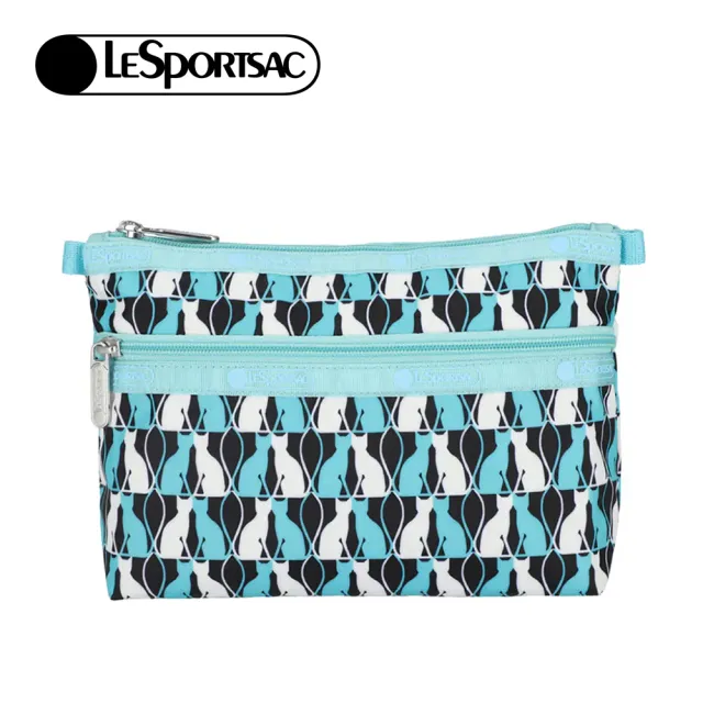 【Lesportsac】Cosmetic Clutch 雙層拉鍊收納化妝包 收納袋 盥洗包 送禮 禮物 推薦 女包(鏡中貓影)