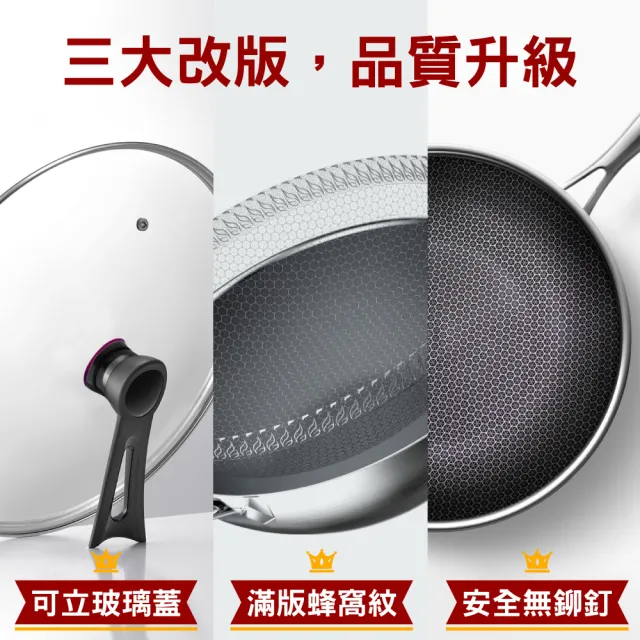 【鼎匠】新升級無鉚釘316不鏽鋼炒鍋★鈦黑立體雙面蜂巢32cm(不沾煎鍋抗菌/可立玻璃蓋/不挑爐具/導熱快)