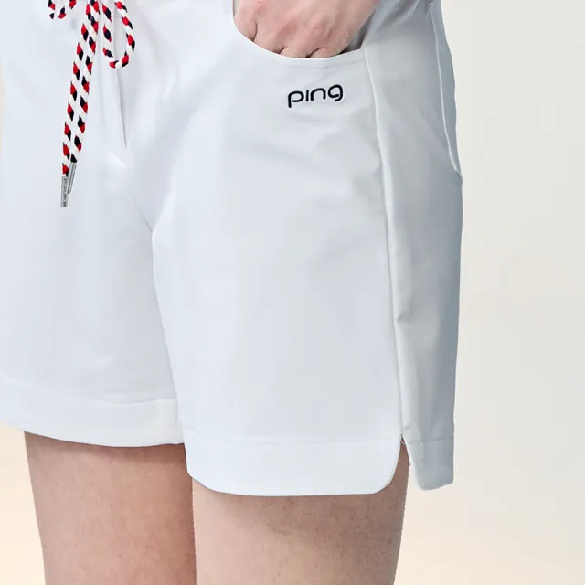 【PING】女款附腰繩高彈力休閒短褲-白(吸濕排汗/GOLF/高爾夫短裙/RD25101-87)