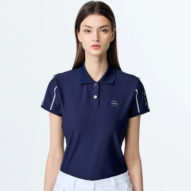 【PING】女款泡泡布抗UV高爾夫短袖POLO衫-深藍(環保素材/日本素材/GOLF/高爾夫球衫/RA25104-58)