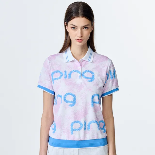 【PING】女款噴砂PING字抗UV短袖POLO衫-粉(吸濕排汗/GOLF/高爾夫球衫/RA25107-15)