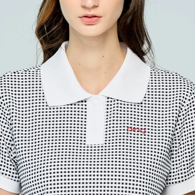 【PING】女款翻領小細格吸濕排汗短袖POLO衫-深藍(日本素材/GOLF/高爾夫球衫/RA25102-58)