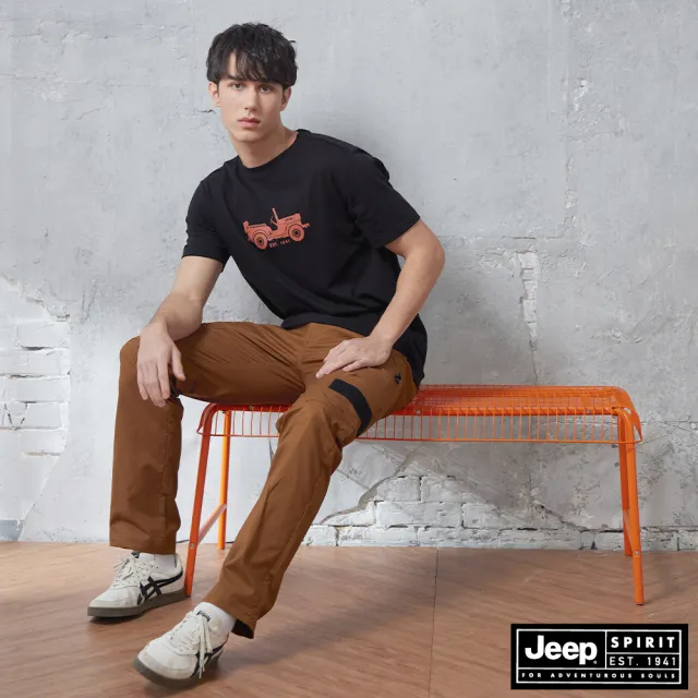 【JEEP】男裝 經典吉普車印花純棉短袖T恤(黑色)