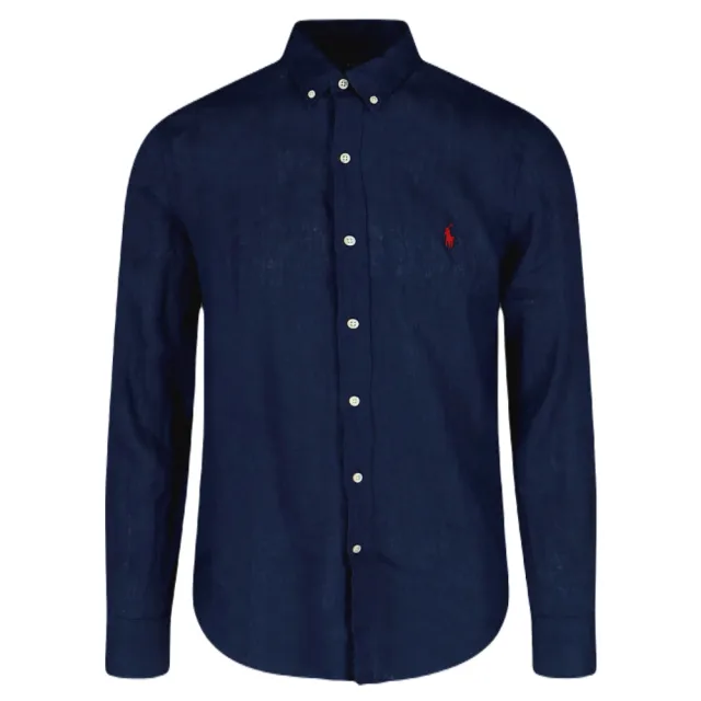 【RALPH LAUREN】男款 品牌刺繡LOGO 亞麻襯衫-深藍色(M號、L號、XL號)