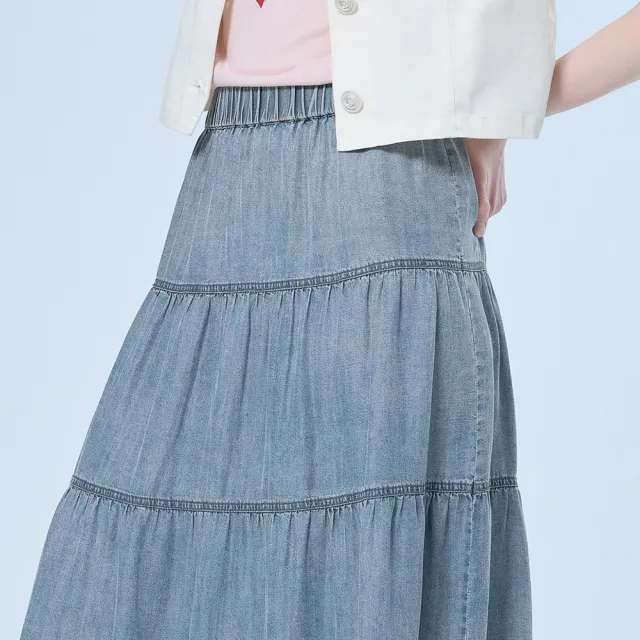 【OUWEY 歐薇】100%萊賽爾剪接蛋糕長裙(藍；S-L；3252398225)