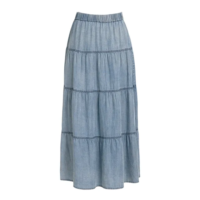 【OUWEY 歐薇】100%萊賽爾剪接蛋糕長裙(藍；S-L；3252398225)