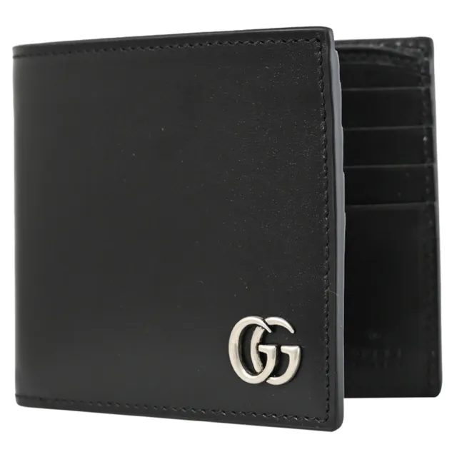 【GUCCI 古馳】金屬雙G LOGO滑面皮革雙層對折八卡短夾(黑)