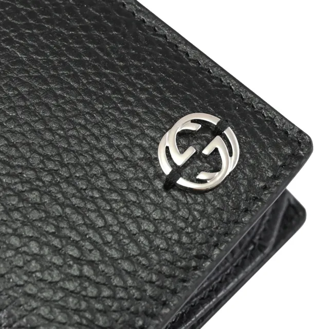 【GUCCI 古馳】金屬雙G LOGO天然皮革多卡證件對折零錢長夾(黑)