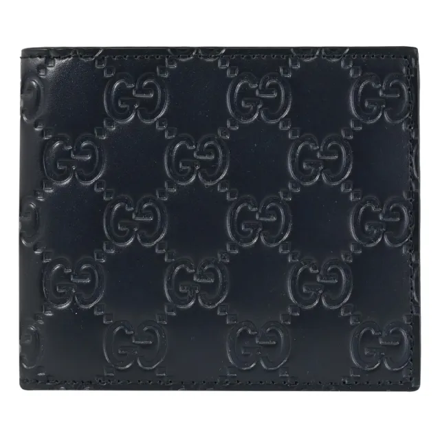 【GUCCI 古馳】經典雙G LOGO皮革壓紋雙層對折八卡短(深藍)