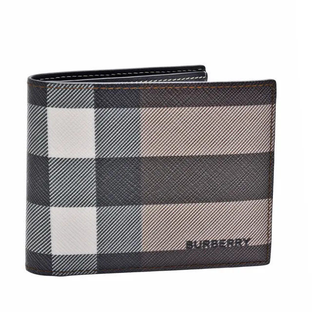 【BURBERRY 巴寶莉】經典格紋環保帆布小牛皮摺疊6卡短夾(深樺木棕色8052796)