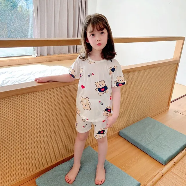 【安朵童舖】現貨韓版兒童竹節棉冰絲短袖套裝女童印花空調套裝男童短袖睡衣套裝短袖上衣短褲兩件套(050)