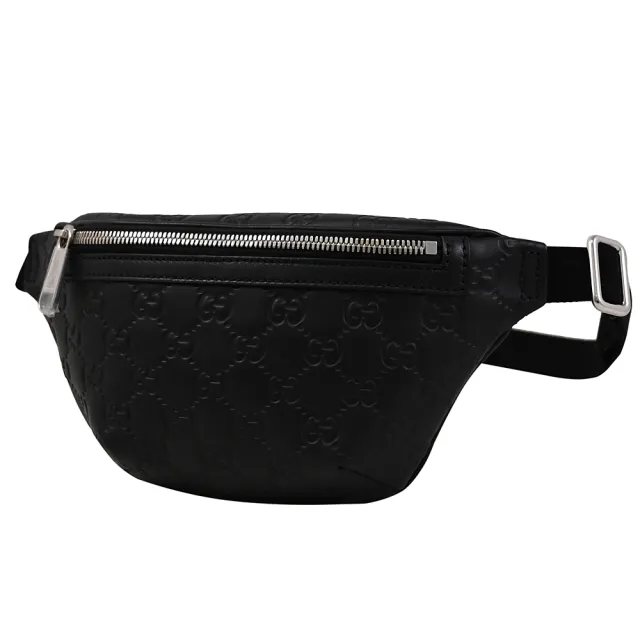 【GUCCI 古馳】經典雙G LOGO皮革壓紋三用款後背胸口包腰包(黑)