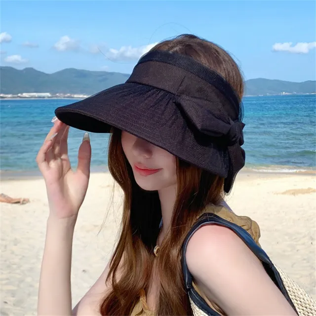 【LEEHER】618 女生/帽子/遮陽帽/薄紗蝴蝶結/大蝴蝶結/空頂帽/防曬帽/顯臉小/頭圍可調/魔鬼氈黏貼/