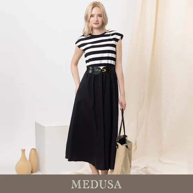 【MEDUSA 曼度莎】現貨-休閒墊肩條紋拼接洋裝（送腰封）（M-XL）｜女休閒洋裝 長洋裝(605-91306)