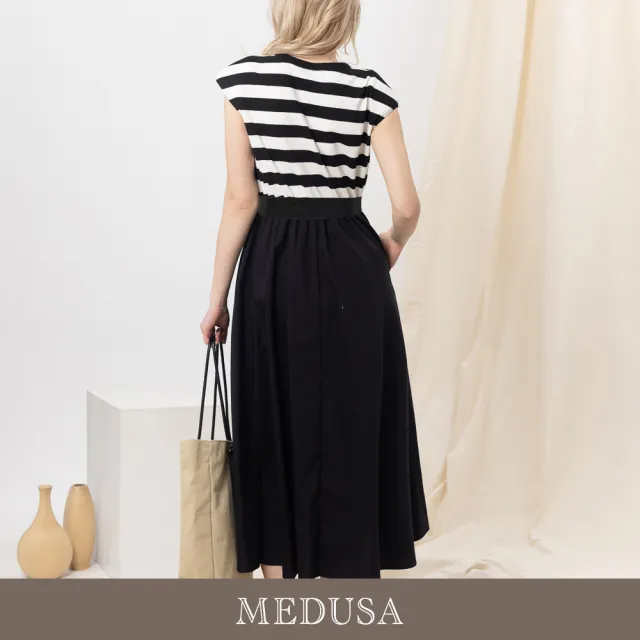 【MEDUSA 曼度莎】現貨-休閒墊肩條紋拼接洋裝（送腰封）（M-XL）｜女休閒洋裝 長洋裝(605-91306)