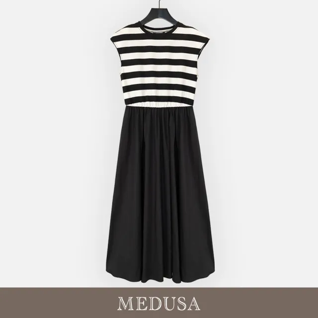 【MEDUSA 曼度莎】現貨-休閒墊肩條紋拼接洋裝（送腰封）（M-XL）｜女休閒洋裝 長洋裝(605-91306)
