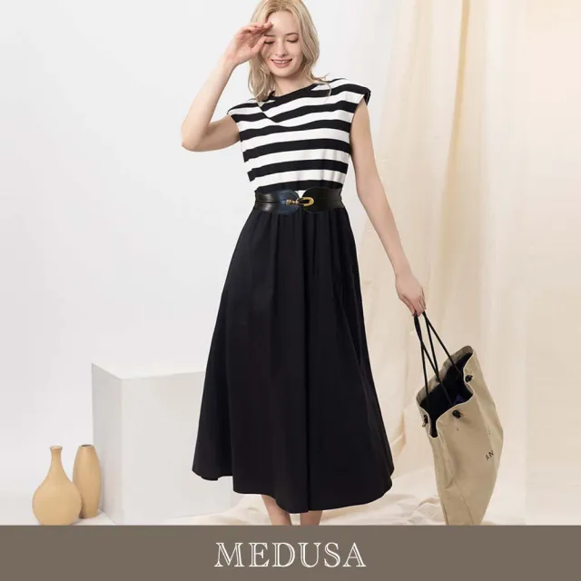 【MEDUSA 曼度莎】現貨-休閒墊肩條紋拼接洋裝（送腰封）（M-XL）｜女休閒洋裝 長洋裝(605-91306)