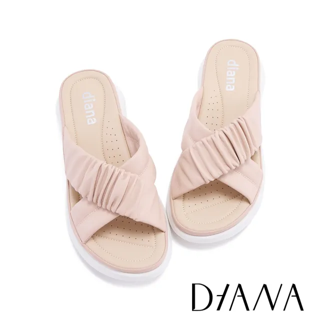 【DIANA】質感羊皮皺褶交叉厚底拖鞋(粉色)