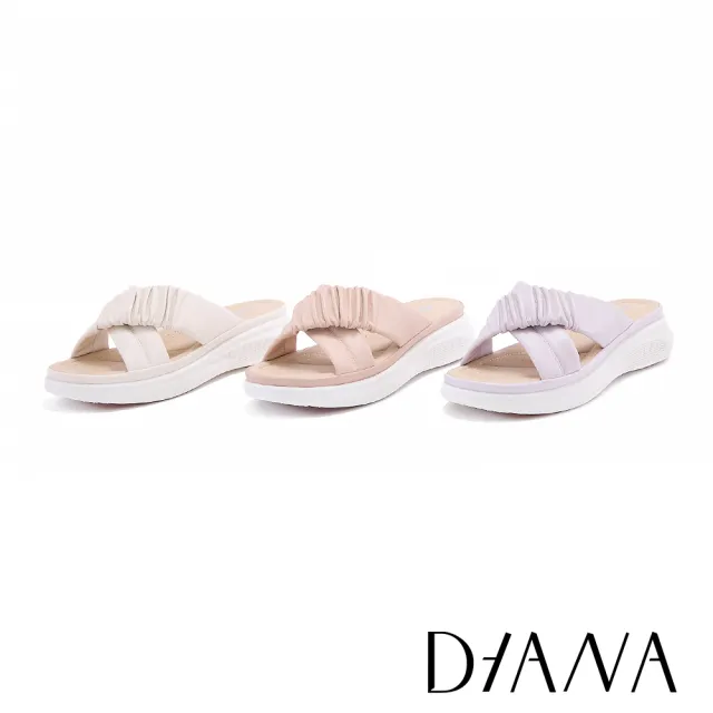 【DIANA】質感羊皮皺褶交叉厚底拖鞋(粉色)