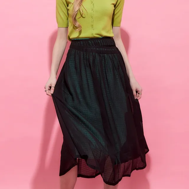 【ICHE 衣哲】Cop.Copine法式輕時尚紡紗層次拼接透視感雕花造型半長裙