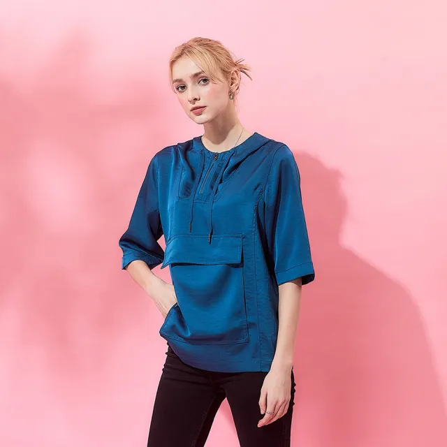【ICHE 衣哲】Cop.Copine法式連帽附大口袋五分袖上衣