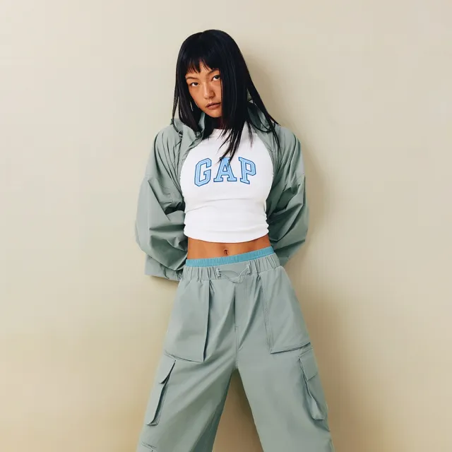 【GAP】女裝 Logo刺繡立領連帽外套-淺綠色(766122)