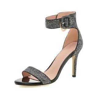 【KissXXX】璀璨亮片時尚釦環高跟涼鞋(黑)