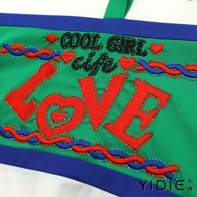 【YIDIE 衣蝶】水鑽字母刺繡紅藍織帶長褲套裝-白/綠(上下身分開販售)