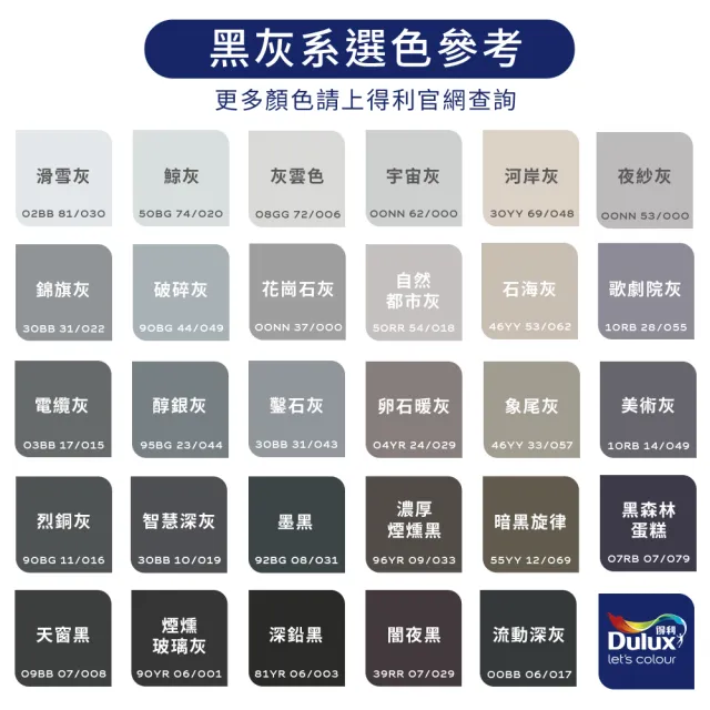【得利】Dulux官方旗艦店★A922 全效水泥漆 精選黑灰色系 電腦調色（8公升裝）｜客製化調色漆(油漆)