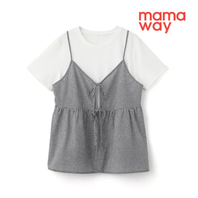 【mamaway 媽媽餵】假兩件細肩帶綁帶孕哺上衣(孕婦裝 哺乳衣)