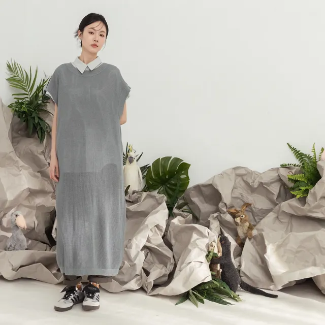 【MOSS CLUB】網目長版後開孔綁帶針織上衣(綠 杏 灰/魅力商品)