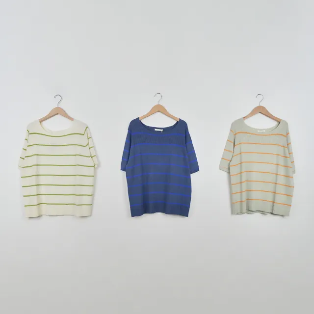 【MOSS CLUB】配色條紋坑條圓領針織上衣(藍 綠 杏/魅力商品)